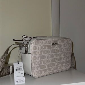 DKNY Monogram Crossbody Bag in Cream and Brown